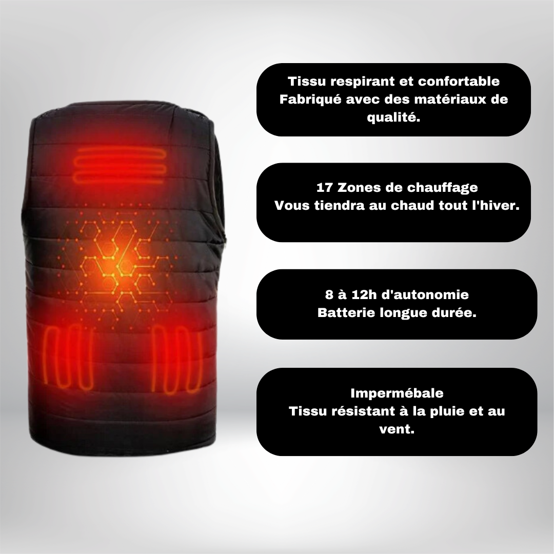 Veste chauffante pour homme et femme avec batterie USB et 17 zones de chaleur