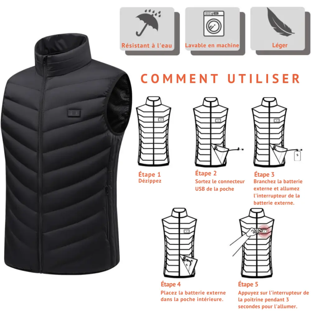 Veste chauffante pour homme et femme avec batterie USB et 17 zones de chaleur